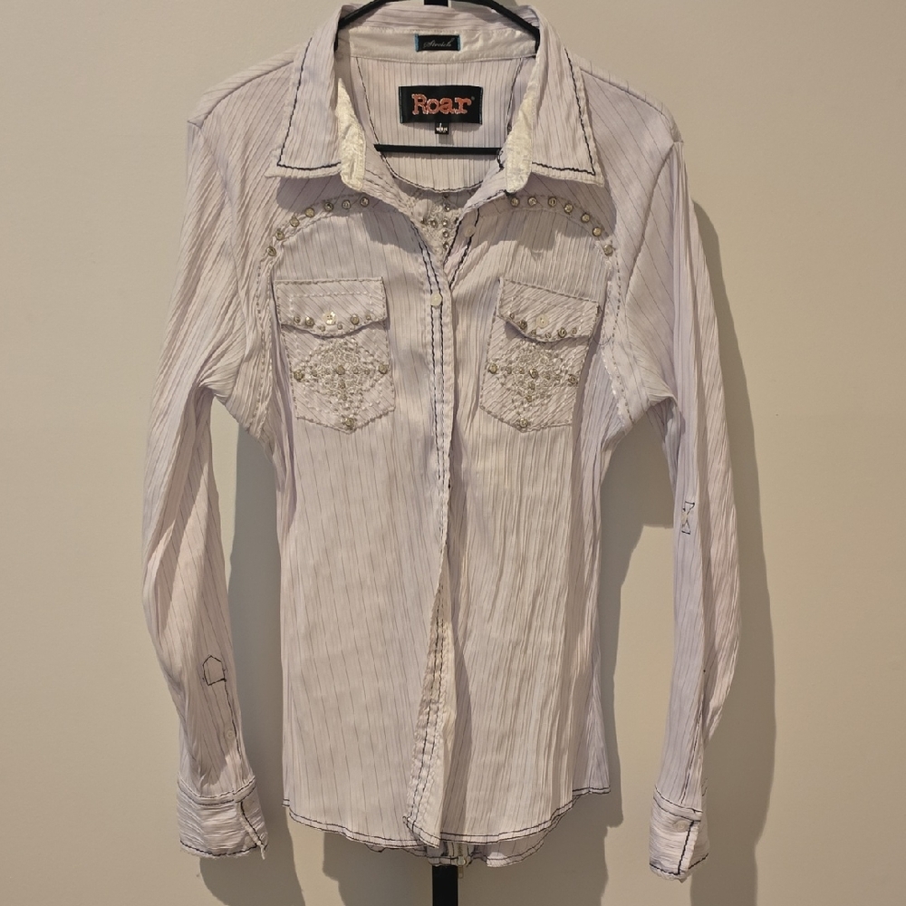 Roar White Embellished Button-Up Shirt